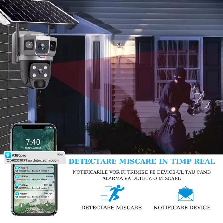 Camera de Supraveghere Solara WIFI, 2K, 3 Ecrane, Zoom 10X, Full HD, Panou Solar 10W Rezistenta La Apa IP 66 - Taggo.ro
