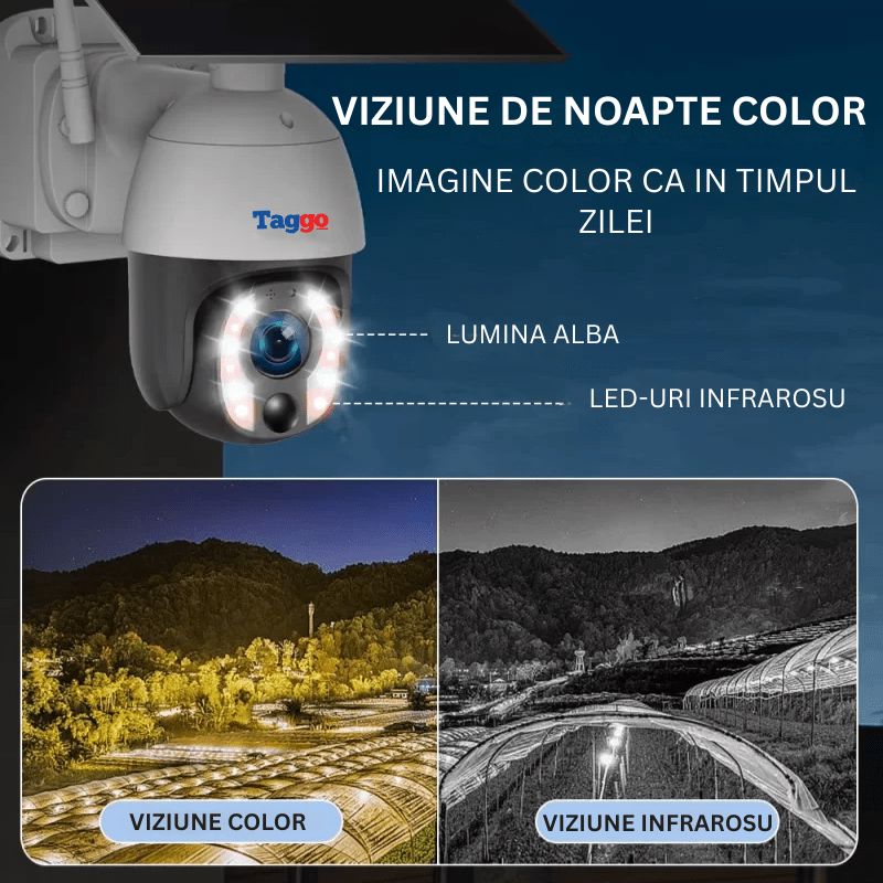 Camera de supraveghere Taggo.ro cu panou solar, 8MP, WiFi, zoom optic 20x și comunicare bidirecțională, imagine detaliată a camerei