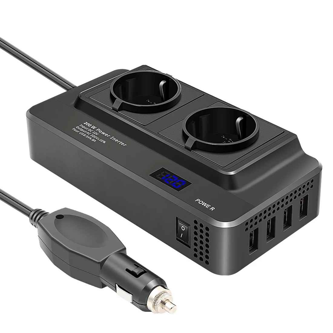 Invertor de tensiune auto 12V la priza EU cu 4 porturi USB, afișaj digital, putere 400W și suport PD, brand Taggo