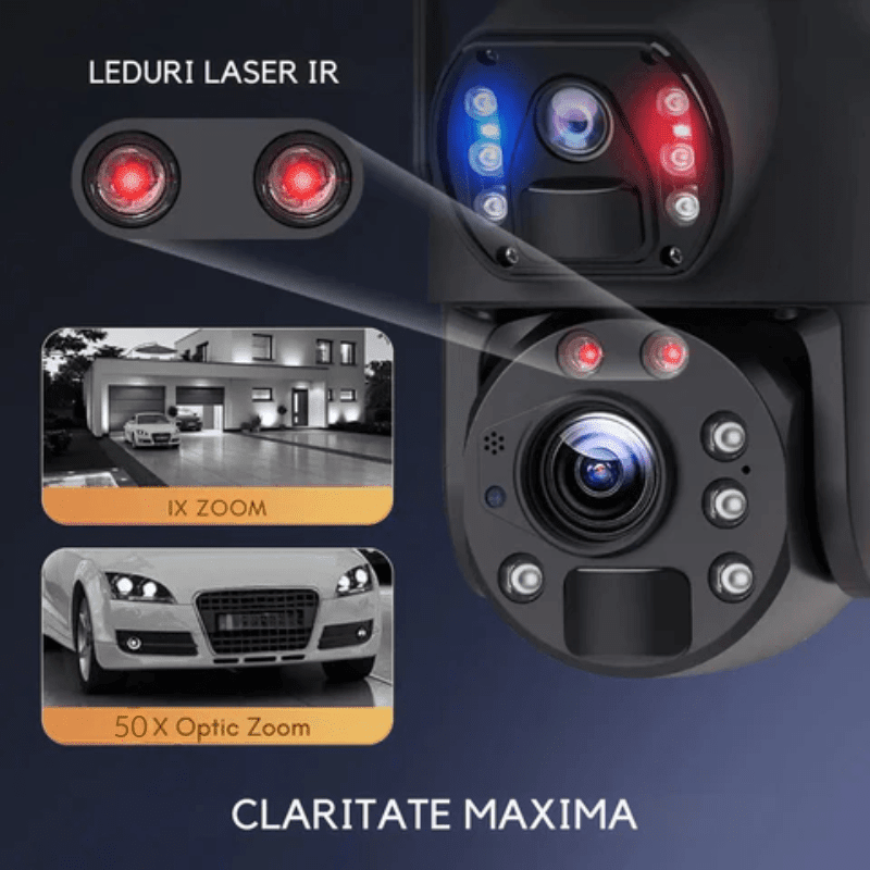 Camera supraveghere 4G 3K Ultra HD cu zoom 50X, duală, rezistentă la apă IP66, încărcare solară și rotire controlată din aplicație.