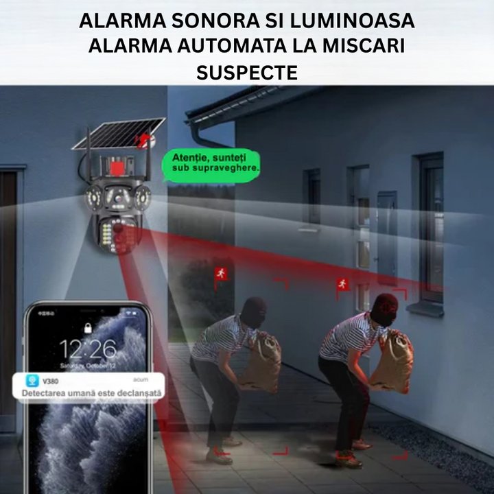 Camera Supraveghere 12MP 4G cu panou solar 10W, Multi-Lentile 3x4MP, Zoom optic 10X, 12xLED IR + 12xLED Alb, IP66 - Taggo.ro