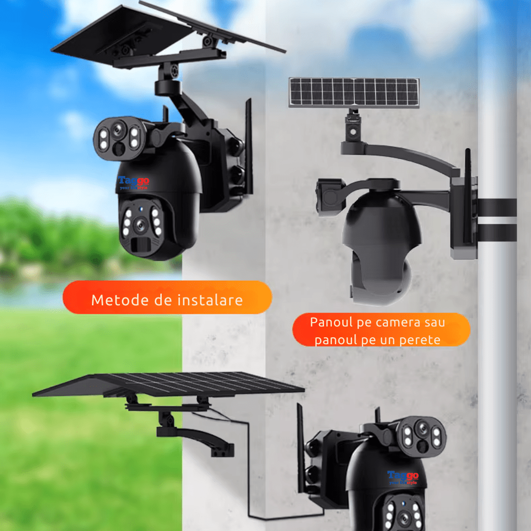 Camera supraveghere Taggo.ro 4G Ultra HD cu dual camera 6MP, alimentare solară, rezistentă la apă IP66, rotire controlată din aplicație