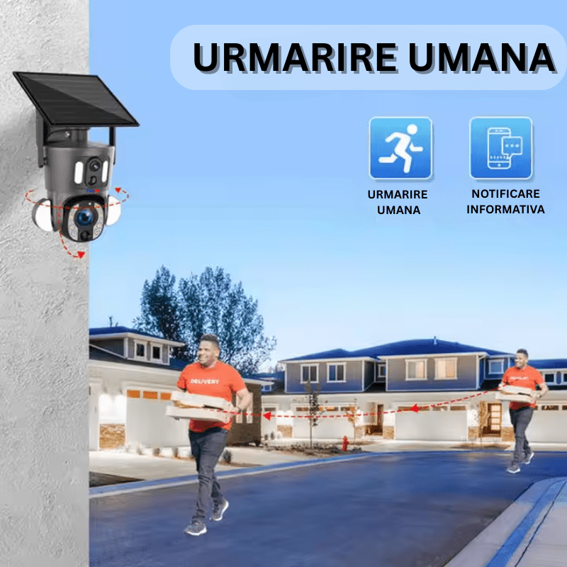 Camera de supraveghere WiFi Taggo cu rezoluție 6MP, zoom optic 20X și alimentare solară, rezistent IP66, detectie umană