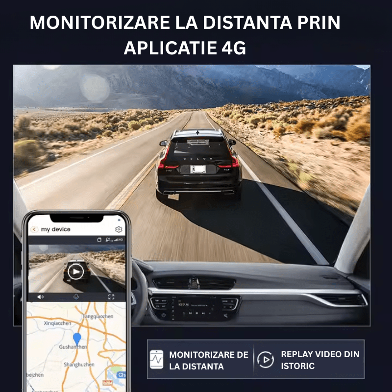Camera auto 2K Taggo cu conexiune 4G, vizor față și spate, DVR, GPS și monitorizare traseu, pentru siguranță și înregistrare.