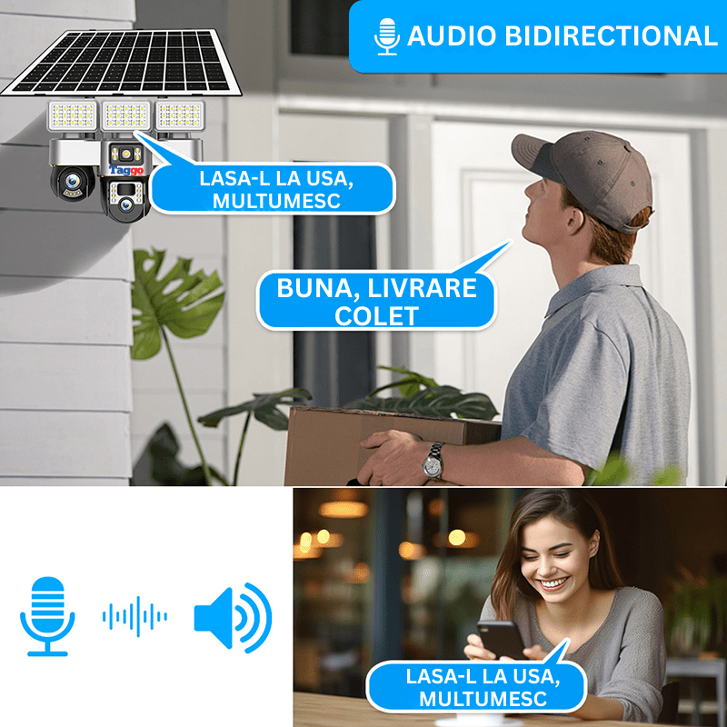Camera de supraveghere Taggo.ro cu panou solar, 12MP, vizionare nocturnă, detection de mișcare și comunicare bidirecțională.