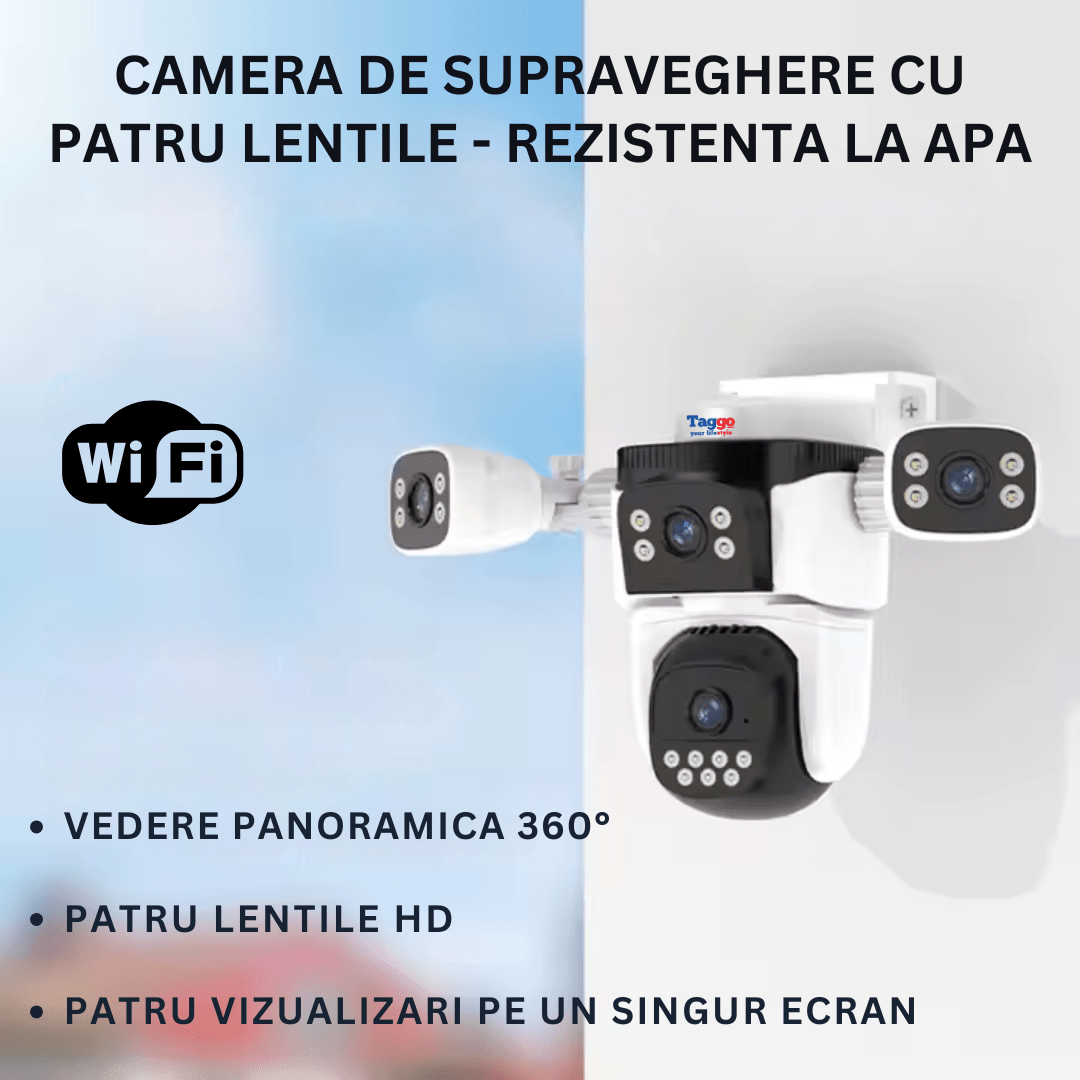 Camera de supraveghere WiFi Taggo.ro cu 12MP, patru lentile HD, vedere panoramică 360° și funcție PTZ cu audio bidirecțional.