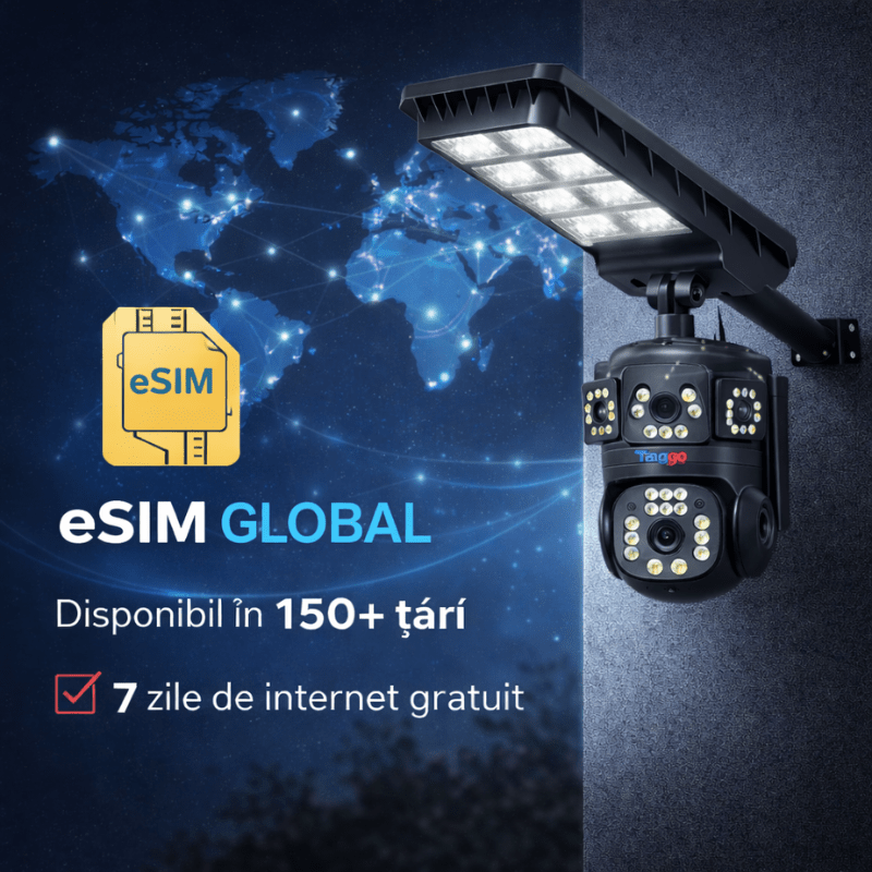 Lampa Stradala cu Camera 4G/ eSIM, 8MP, Inregistrare Continua 24/7 AOV, Viziune Color pe timp de noapte - Taggo.ro