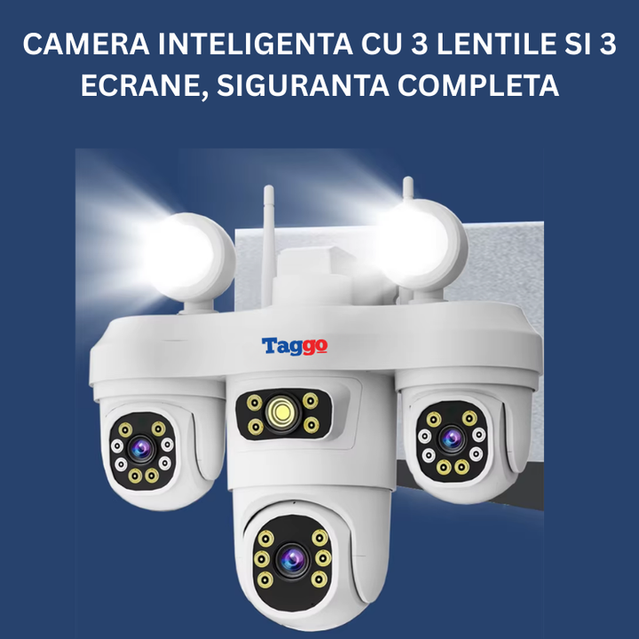Camera Supraveghere WiFi cu 3 Lentile, 12MP, Viziune Color Noaptea, IP65, Audio Bidirectional, Urmarire Automata - Taggo.ro