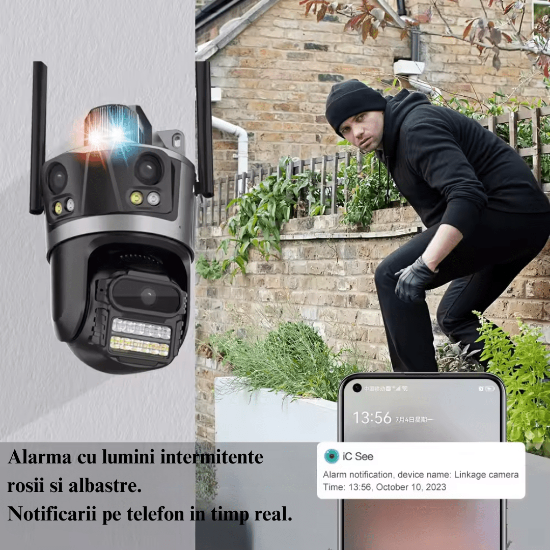 Camera de supraveghere WIFI 4K 8MP Taggo.ro cu 3 lentile, control din aplicație, rezistentă la apă și funcție de alarmă