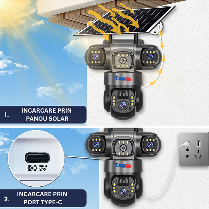 Camera Supraveghere cu Panou Solar, Conexiune 4G Cartela SIM, 9MP, 3 Lentile, Comunicare Bidirectionala - Taggo.ro