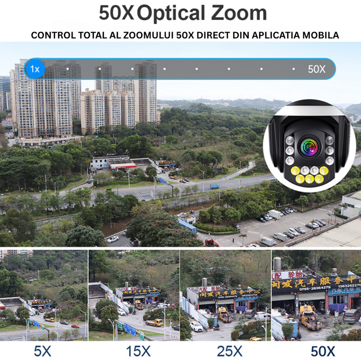 Camera Supraveghere, Conexiune WIFI 8MP, 4K ZOOM Optic 50X, Vedere color pe timp de noapte - Taggo.ro