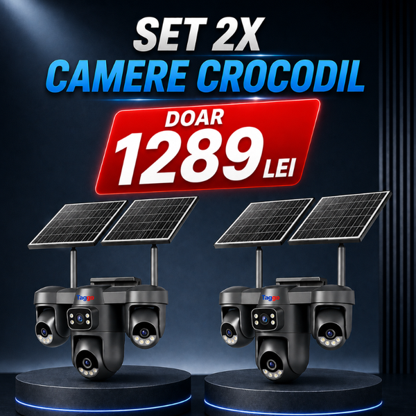 Pachet 2x Camere Supraveghere Crocodil, Panou Solar Dublu, 4G, 4