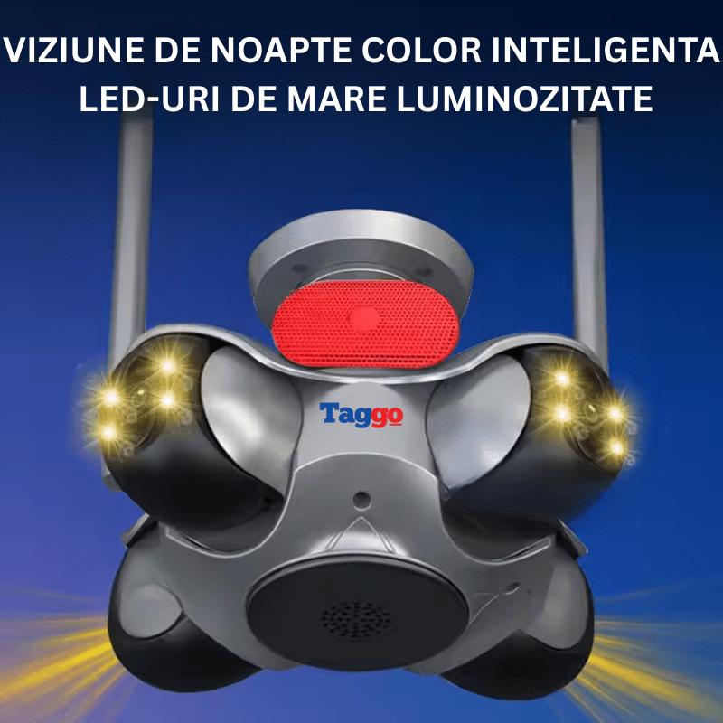 Camera de supraveghere WiFi Taggo 8K cu 4 lentile PTZ, detectie miscare, alarmă sonoră, IP66 și control din aplicație.
