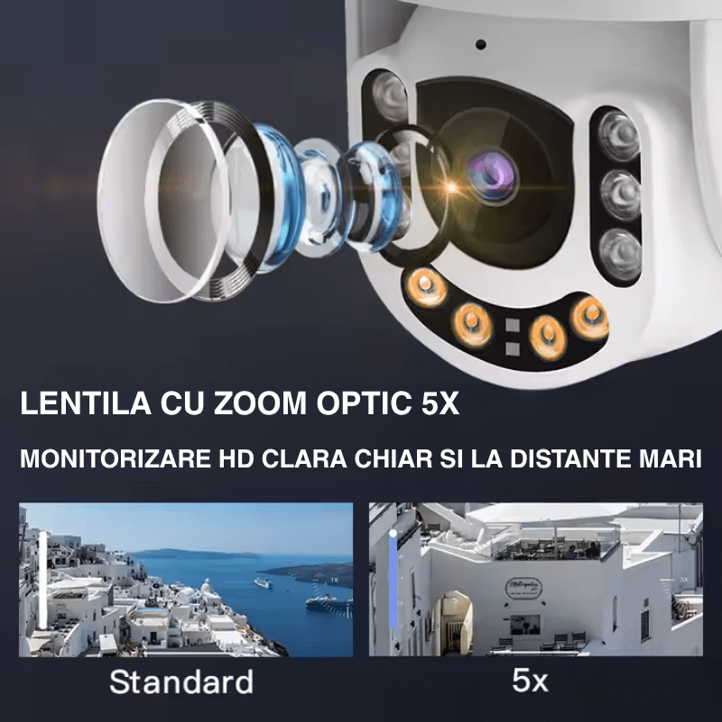 Camera de supraveghere wireless Taggo.ro cu lentilă zoom optic 5X, 3MP, rezistentă la apă și praf IP66, detectie umană inteligentă
