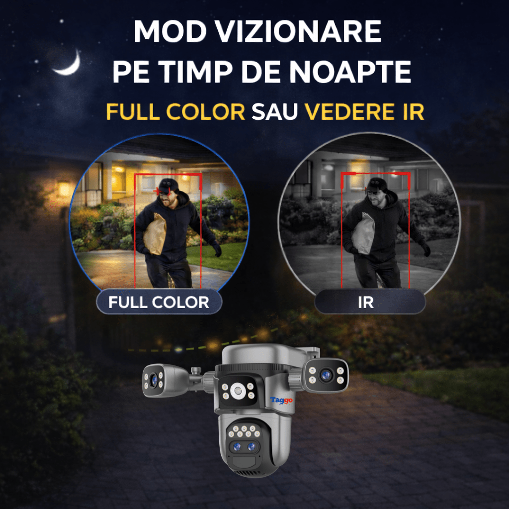 Camera de supraveghere WiFi Taggo 12MP cu panou solar, zoom 10x, viziune nocturnă, detectie PIR și rezistență la apă.