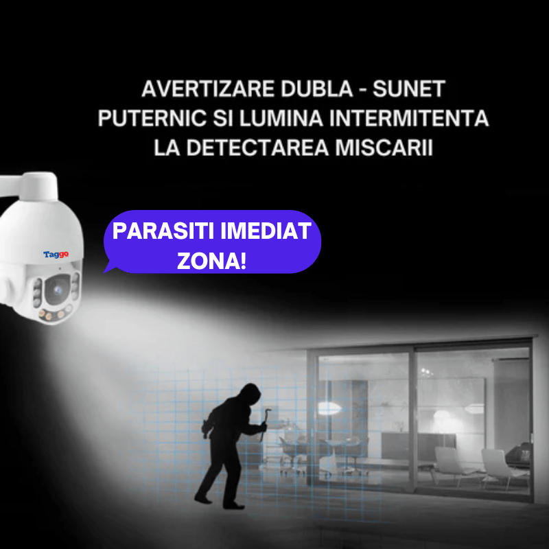 Camera de supraveghere smart Taggo.ro cu conexiune 4G, rezistentă la apă și praf, comunicare bidirecțională, vedere clară.