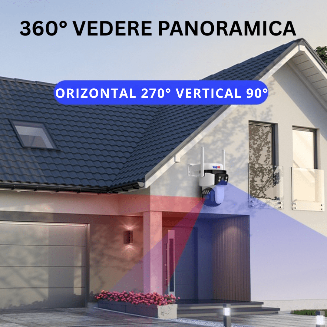 Camera de supraveghere Taggo.ro cu panou solar, 12MP, PTZ 360°, zoom 10X, detectare umană, rezistentă la apă, cu 3 lentile