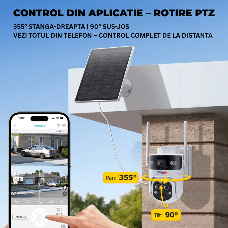 Camera de supraveghere Taggo cu conexiune 4G, rezoluție 6MP, zoom 15x, încărcare solară, vedere nocturnă și trei lentile outdoor.