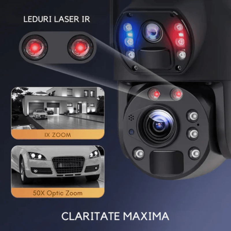 Camera supraveghere WiFi 4K Ultra HD, zoom 50X, duală, încărcare solară, rotire din aplicație, rezistentă la apă IP66, Taggo.ro