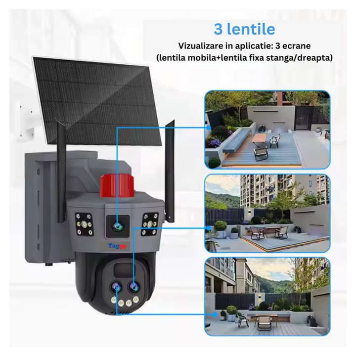Camera de Supraveghere Solara 4G 12MP cu Trei Lentile, Zoom 10X, Rezistenta La Apa IP 66 - Taggo.ro