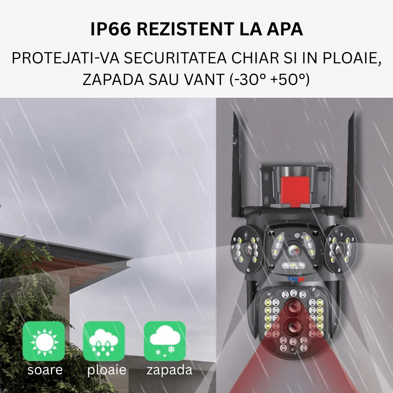Camera de supraveghere WiFi Taggo.ro, rezoluție 4K, zoom 10X, detectie umană, urmărire automată, IP66, cu trei ecrane.