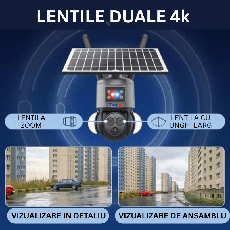 Camera supraveghere 4G 4K HD Taggo.ro cu lentile duale, zoom 12X, incarcare solară și rezistență IP66, rotire din aplicație