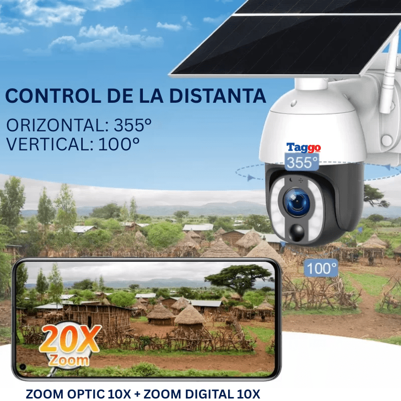 Camera de supraveghere Taggo cu panou solar, 8MP, WiFi, zoom optic 20x și comunicare bidirecțională, pentru securitate eficientă