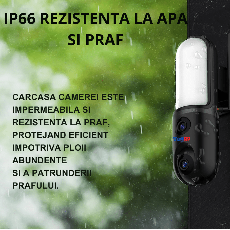 Camera de supraveghere Taggo.ro cu LED, WiFi, 2 lentile, viziune nocturnă color și comunicare bidirecțională