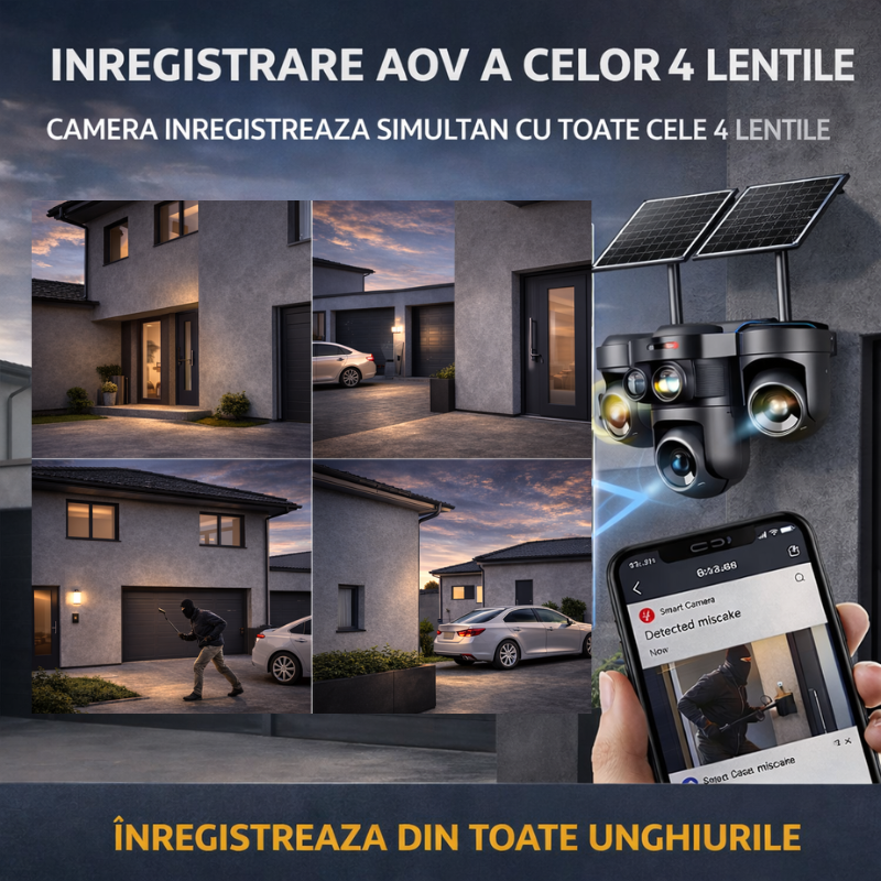 Camera de supraveghere 4G Taggo cu panou solar, 12MP, 4 lentile, funcție AOV, detectie umană AI, comunicare bidirecțională