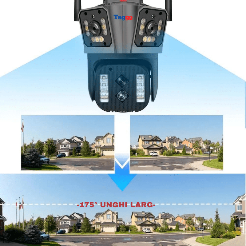Camera de supraveghere Taggo cu zoom 10X, WiFi 8K, 16MP, 4 lentile, control prin aplicație și urmărire automată.