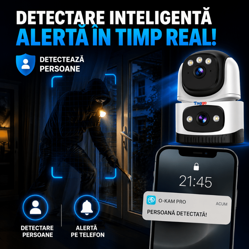 Camera supraveghere interior Taggo cu WiFi, 2 lentile, rezoluție 6MP, detectare persoane și vedere nocturnă.