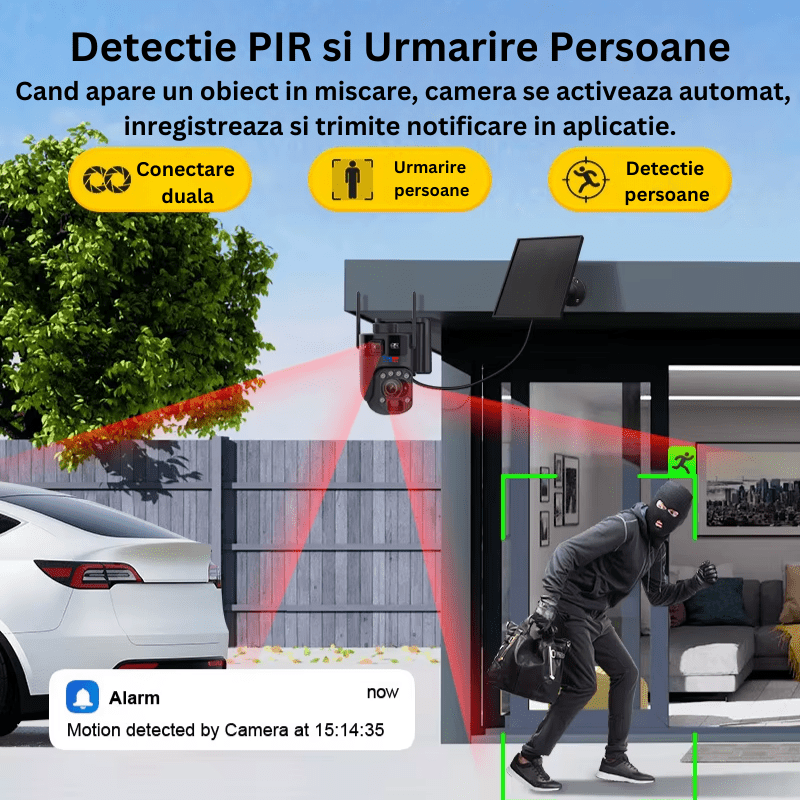 Camera supraveghere WiFi Taggo.ro cu 8MP 4K, zoom 99x, viziune nocturnă color, control din aplicație, negru.