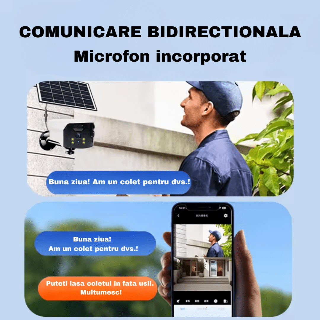 Camera supraveghere 4G Taggo.ro cu 4K, 8MP, lentile duale, incarcare solară, vedere panoramică și control din aplicație, IP65