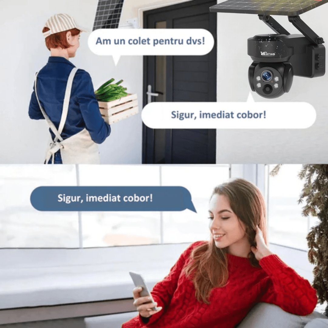 Camera de supraveghere solară 4G Taggo.ro, 5MP, panou solar, control prin aplicație, rezistentă la apă și intemperii.