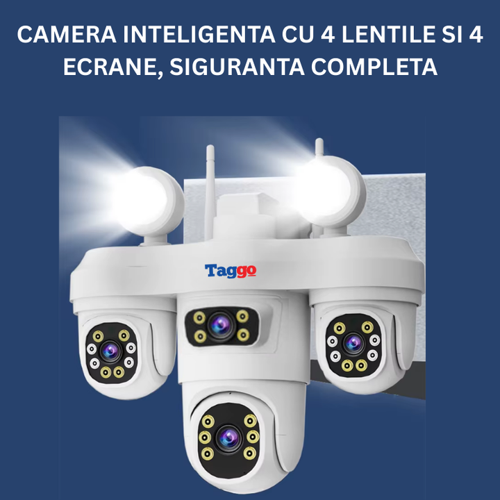 Camera Supraveghere WiFi cu 4 Lentile, 16MP, Viziune Color Noapte, Audio Bidirectional, IP65, Detectie si Urmarire Umana - Taggo.ro