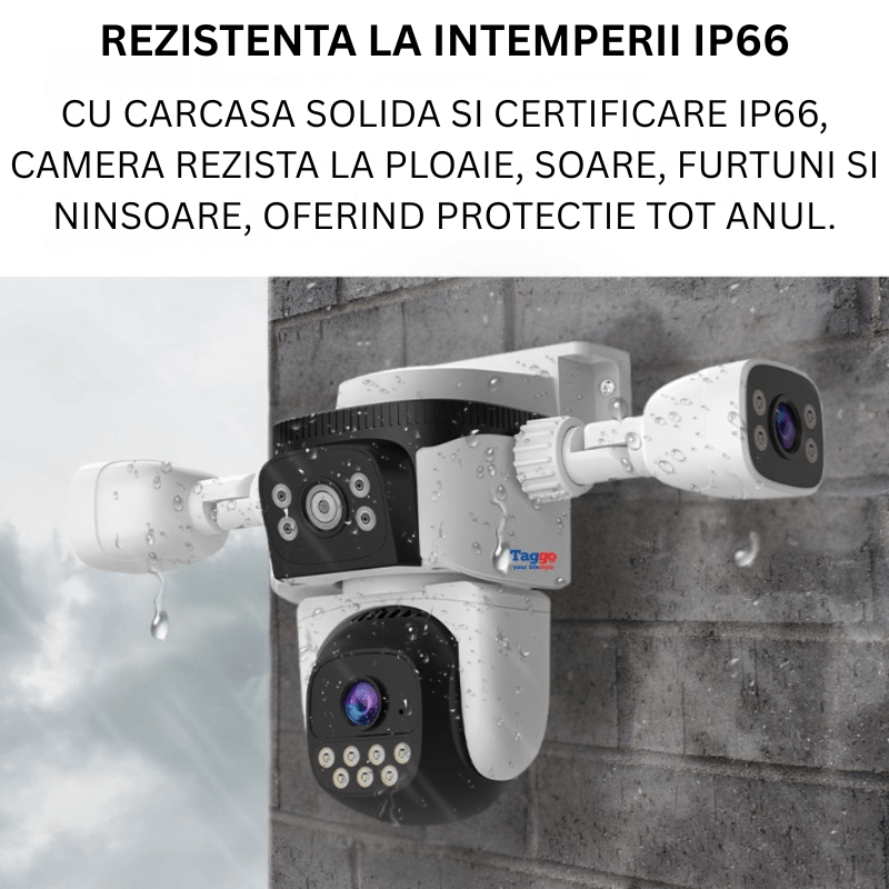Camera de supraveghere WIFI 4K Taggo cu 3 lentile, control din aplicație, comunicare bidirecțională și rezistență IP66
