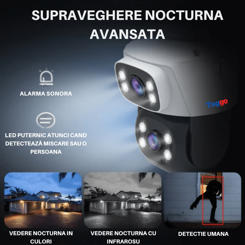 Camera de supraveghere WiFi VSTARCAM cu două lentile HD 6 MP, vedere nocturnă, IP66, audio bidirecțional și detecție mișcare.