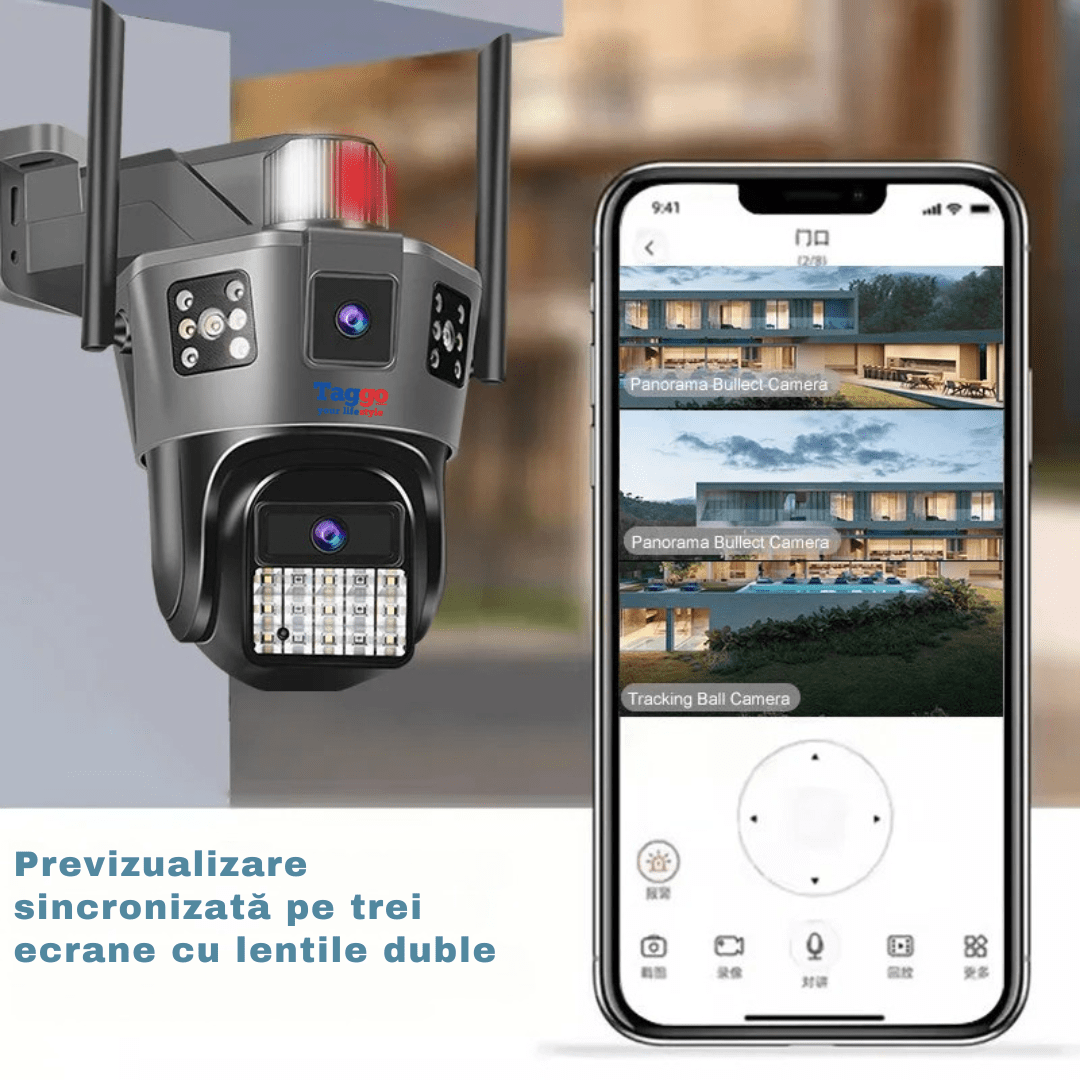 Camera de supraveghere 4G Taggo cu SIM, 6K, două lentile, control aplicație, urmărire automată și rezistență IP66