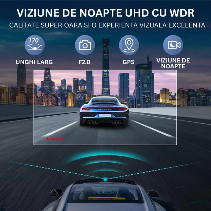 Camera Auto Dubla- Fata si Interior 4K, Cartela SIM 4G, Functionare 24/24, Viziune Nocturna, Comunicare Bidirectionala, GPS - Taggo.ro