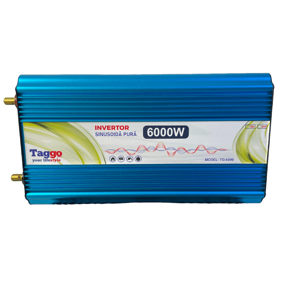 Invertor 2 în 1 SINUS PUR 6000W 12V-220V cu funcție UPS, vizibil în imagine, pentru încărcare acumulatori.