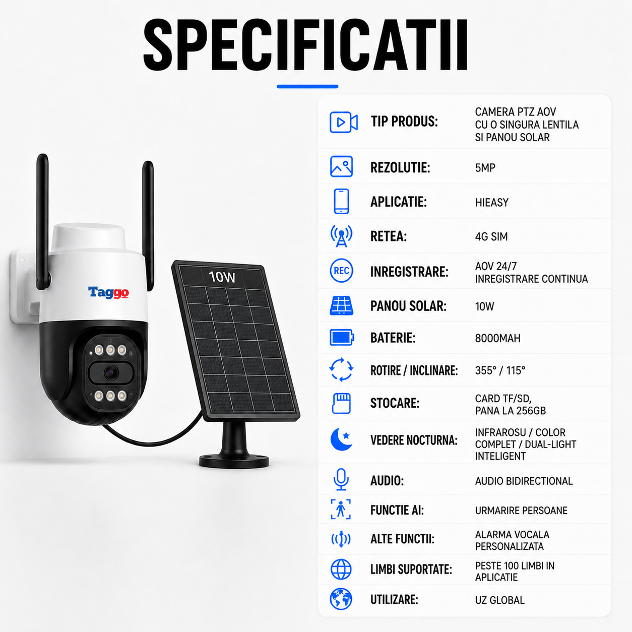 Cameră de supraveghere P60 4G Taggo.ro cu panou solar 10W, 5MP și funcție rotire PTZ, instalată în exterior
