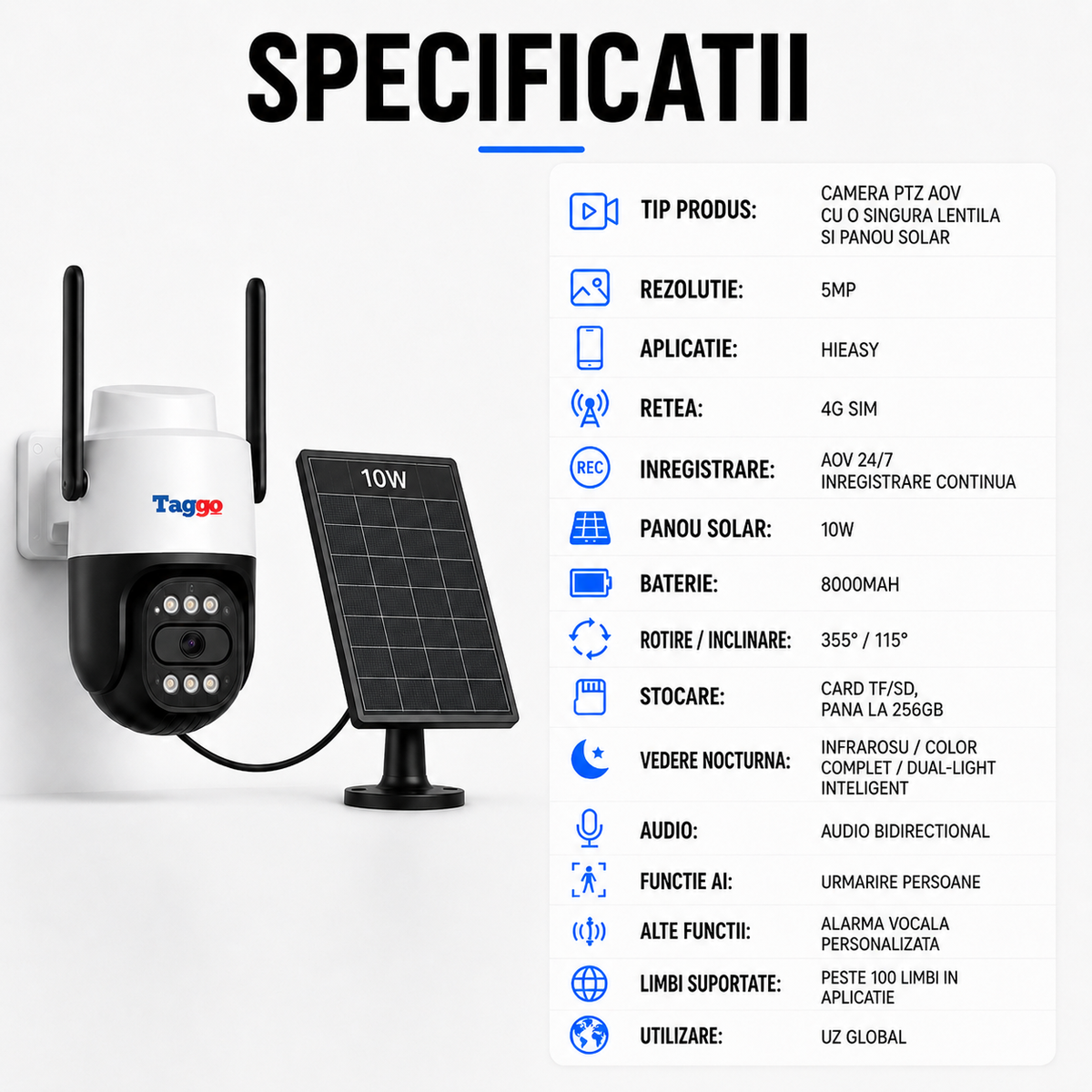 Cameră de supraveghere P60 4G Taggo.ro cu panou solar 10W, 5MP și funcție rotire PTZ, instalată în exterior