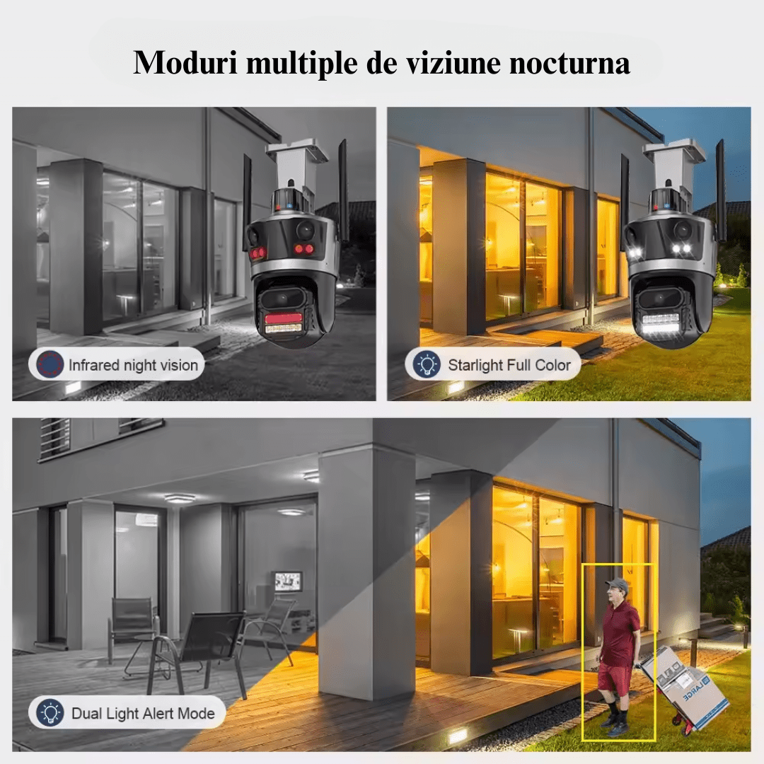 Camere de supraveghere WiFi 4K 8MP Taggo cu 3 lentile, control via aplicație, rezistentă la apă și alarmă.