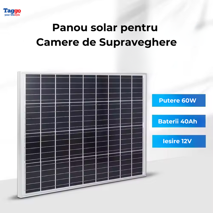 Panou solar 60W cu acumulatori inclusi de 40Ah, pentru camere de supraveghere, iesire 12V - Taggo.ro