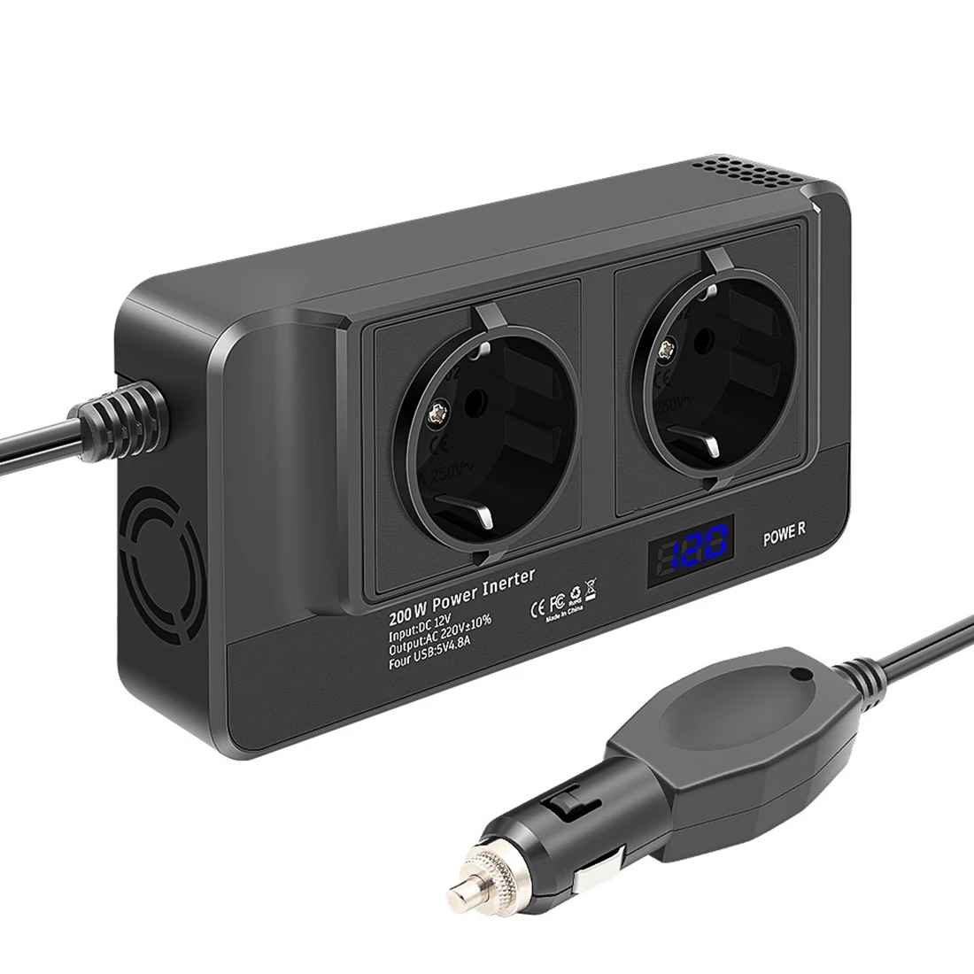 Invertor de tensiune Taggo 12V la 230V, 400W, cu 4 porturi USB și afișaj digital, pentru priză auto și priză EU dublă.