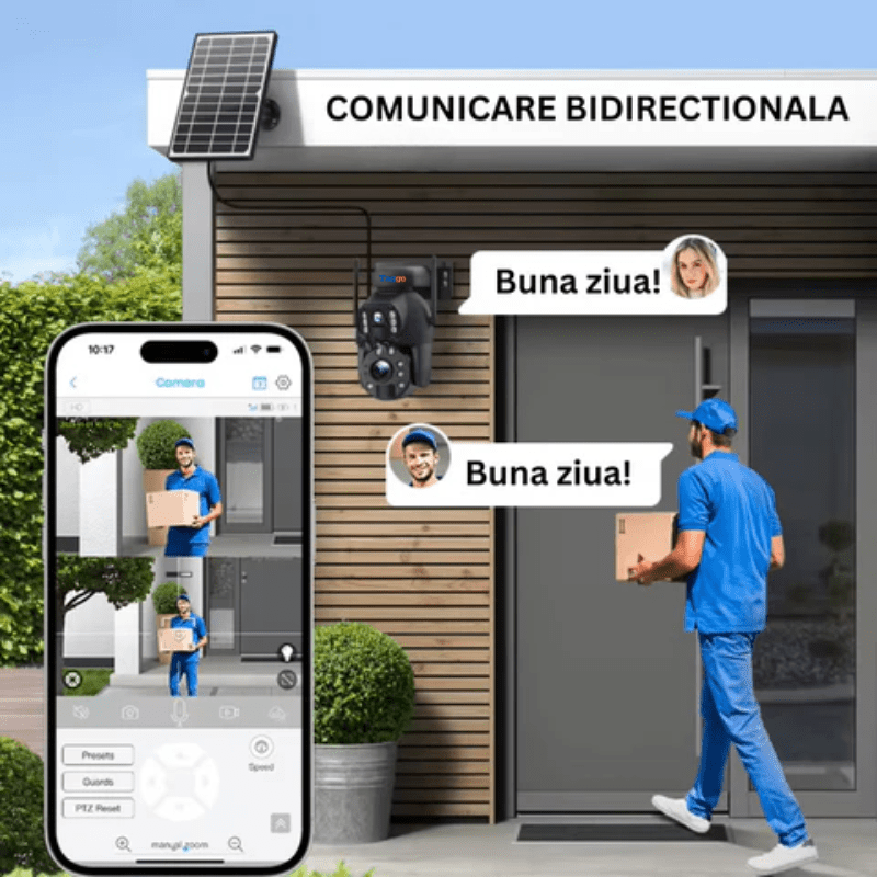 Camera supraveghere WIFI Taggo.ro 3K Ultra HD cu zoom 50X, duală, incarcare solară, rotire din aplicație, rezistentă la apă IP66