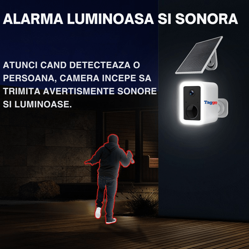 Camera de supraveghere Taggo cu panou solar, WIFI, 3 MP și AI tracking, baterie de 5200mAh, vizualizare exterior.