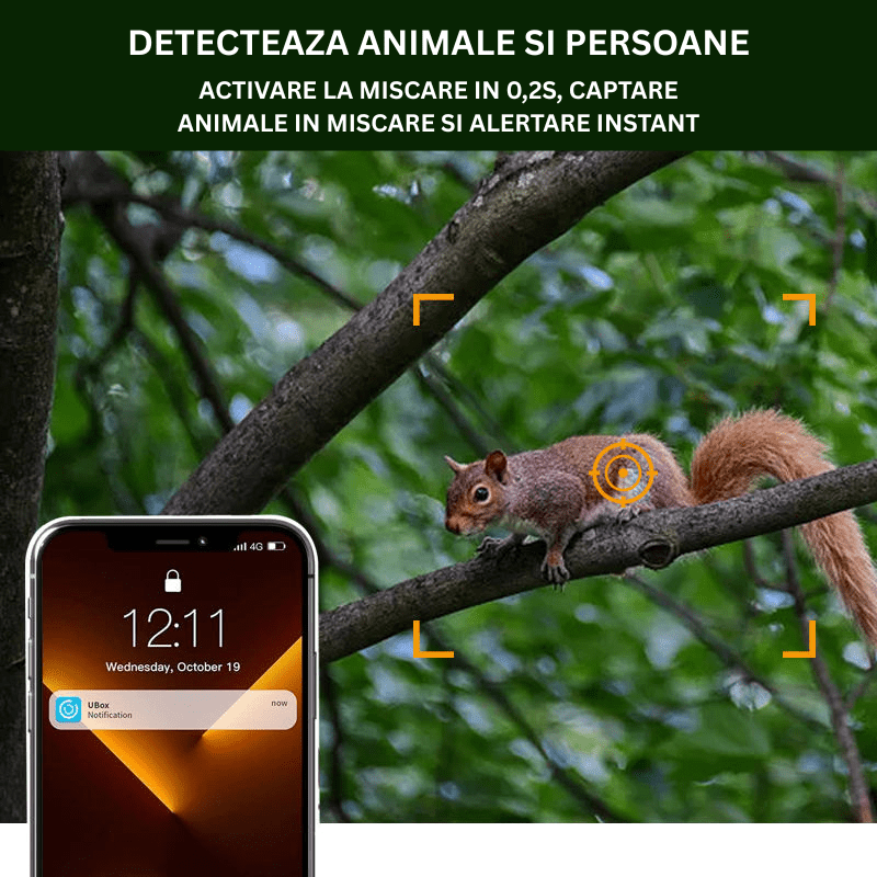 Camera de vânătoare Taggo 4MP cu conexiune 4G, GPS, detectare animale și alarmă pentru supraveghere outdoor.