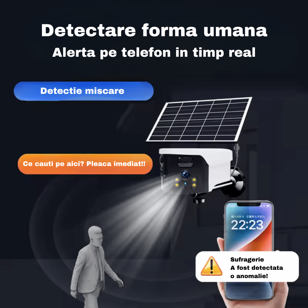 Camera supraveghere 4G Taggo.ro, 4K, 8MP, cu 2 lentile, incarcare solară, vedere panoramică și control prin aplicație, IP65.