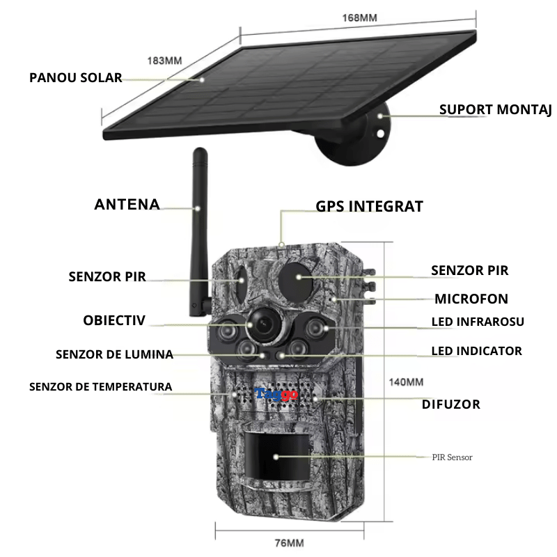 Camera de vânătoare Taggo 4G cu funcție GPS, rezistentă la apă IP66, încărcare solară și rezoluție 5MP.